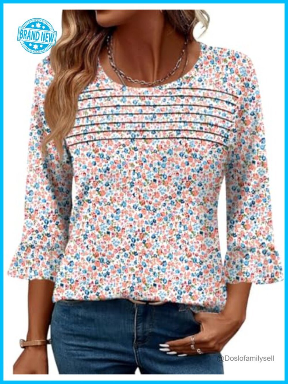 Womens 3/4 Bell Sleeve Pleated Front Casual Blouse